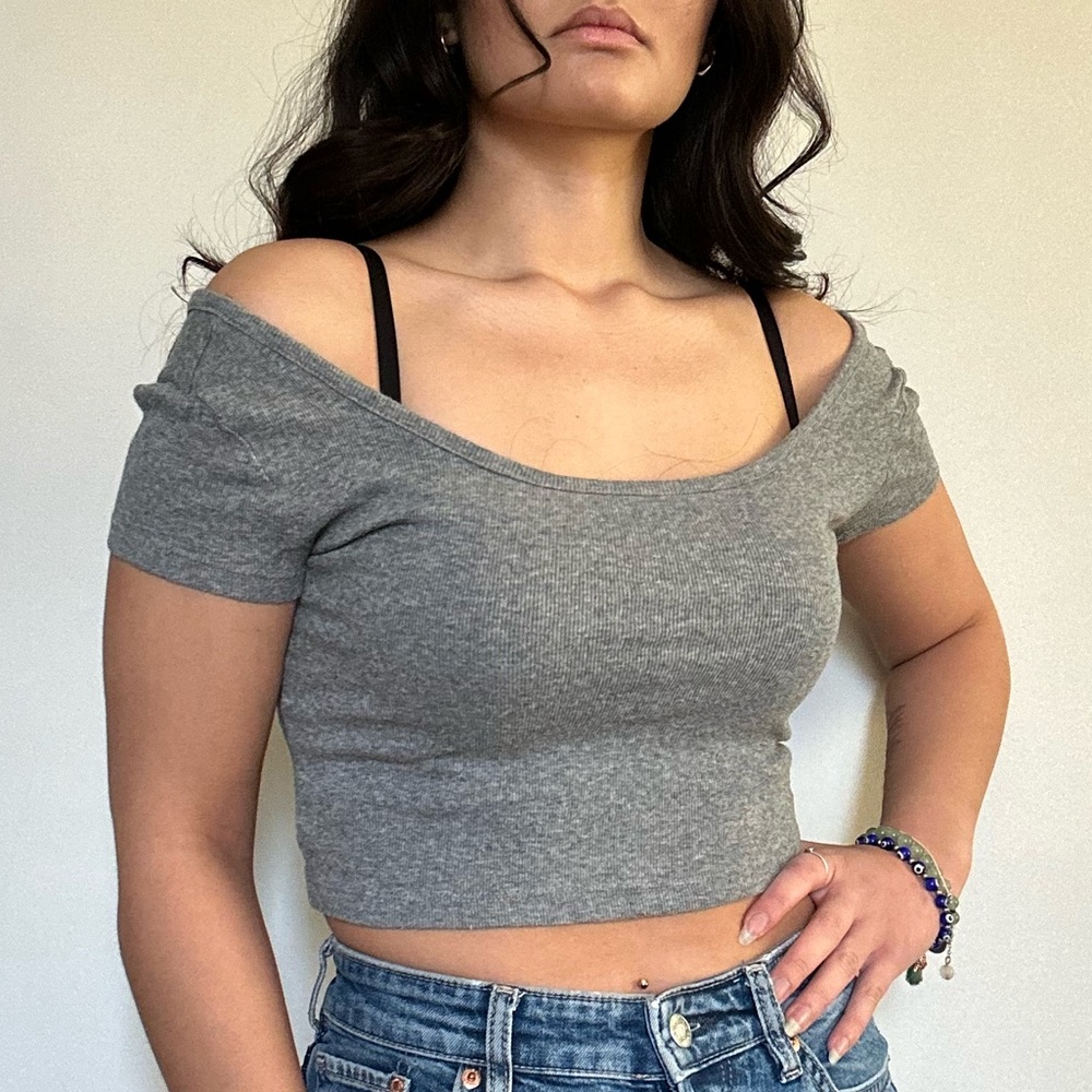 Gray Off Shoulder Cropped Tee